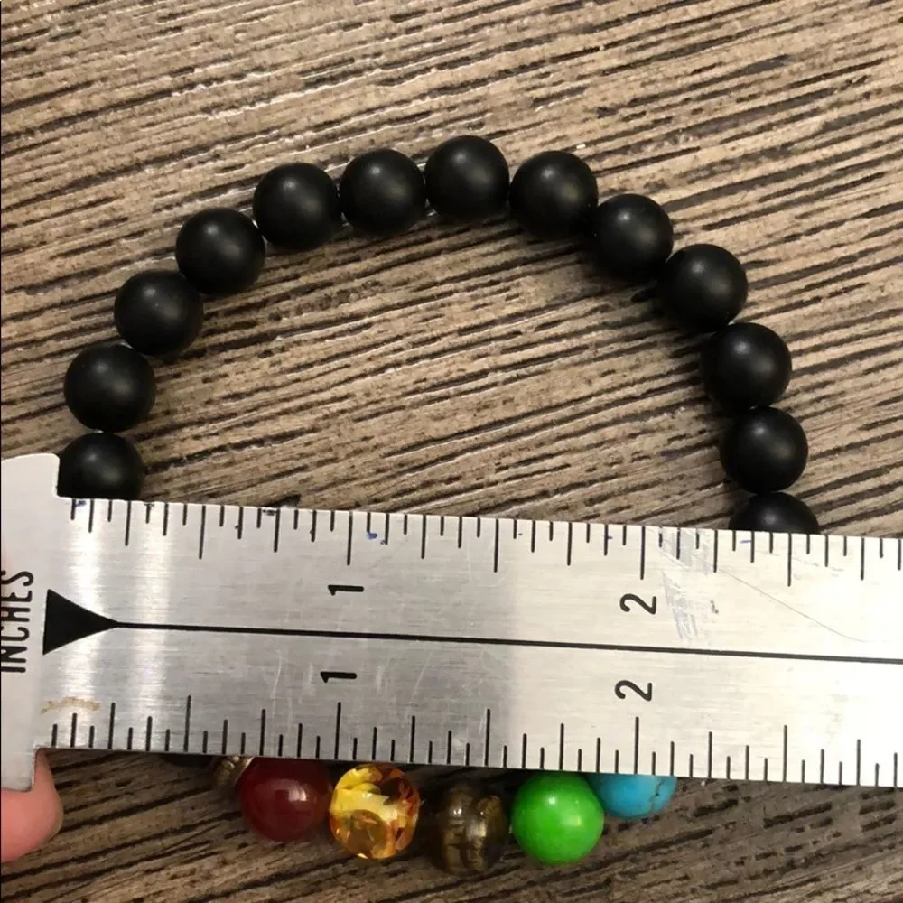 Chakra & Black Bead Rainbow Stretch Bracelet